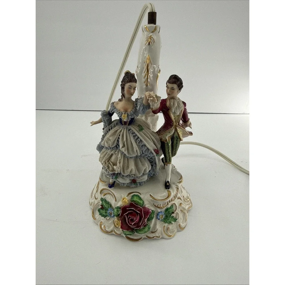 Pair VTG Unterweissbach Germany Porcelain Lace Courting Couple Lamps AS IS